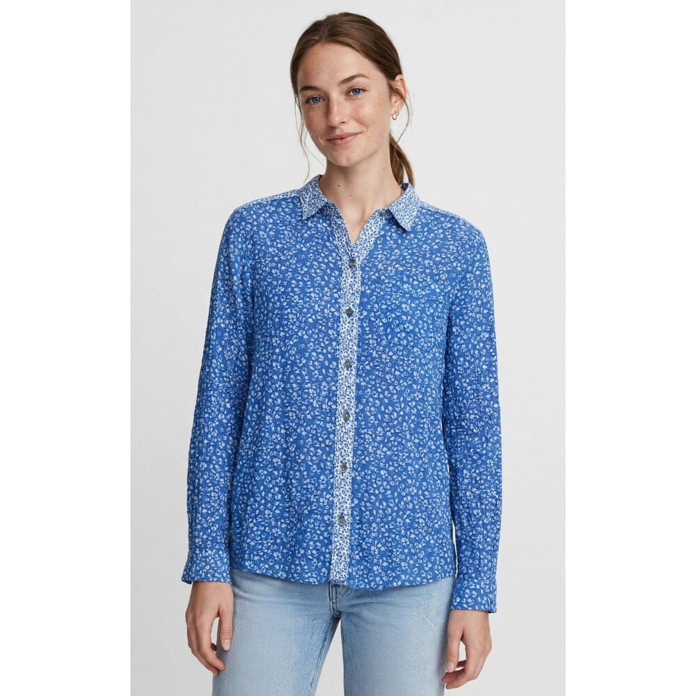 Eddie Bauer Womens S Blue Floral Button Up Shirt Long Sleeve Cottagecore Cotton